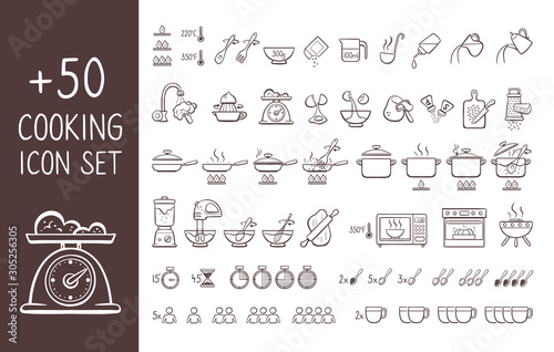 Set of hand drawn cooking icons, perfect for giving cooking instructions and explain cooking recipes. Hand drawn doodle icons isolated on white background. photo