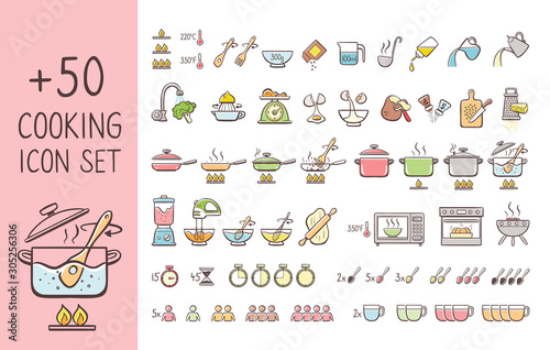 Set of hand drawn cooking icons, perfect for giving cooking instructions and explain cooking recipes. Hand drawn colorful icons isolated on white background. photo