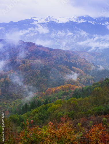 Clouds and mists over the forests and mountains of the Sierra de Aralar in autumn, Navarra