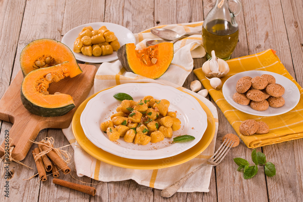 Pumpkin gnocchi with grated amaretti cookies. Pumpkin gnocchi with grated amaretti cookies.