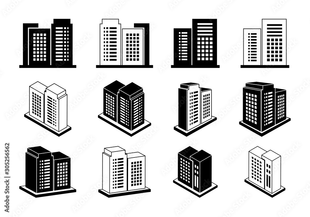 Icon 3D company set on white background,  Perspective building vector collection