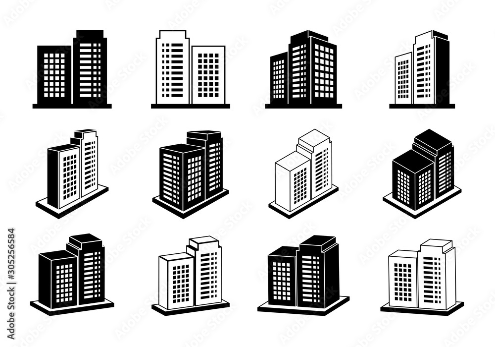 Icon company vector set on white background, Modern 3D buildings collection
