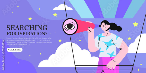 Vector stock illustration of woman with spyglass on an air balloon searching for inspiration. Business concept of trend, idea, strategy, employee search service or design studio banner, flyer, poster.