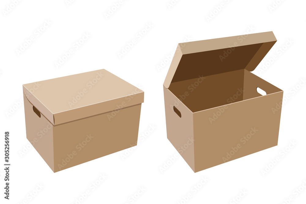 Closed and open cardboard box with slotted hand holes for storage or other purpose isolated on white background. Vector illustration