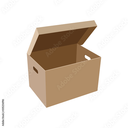 Open empty cardboard box with slotted hand holes for storage isolated on white background. Vector illustration
