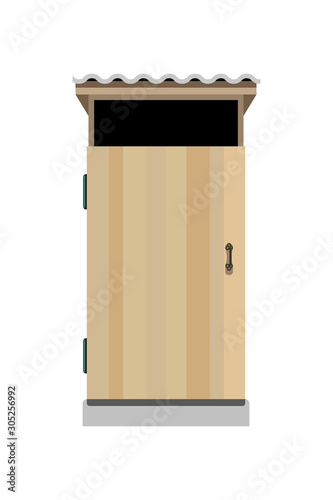 Wooden outhouse isolated on white background. Pit latrine toilet. Vector illustration photo