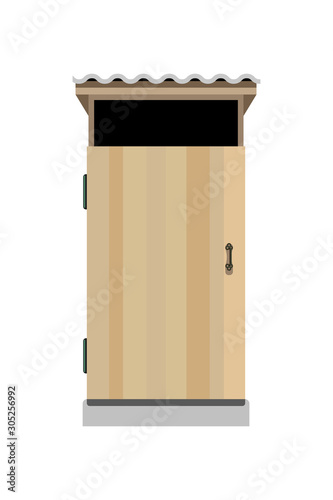 Wooden outhouse isolated on white background. Pit latrine toilet. Vector illustration