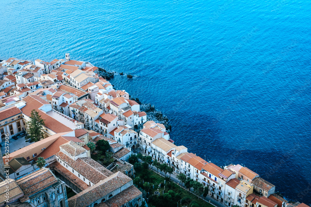 Aerial view of Cefalù city on Sicily island in Italy