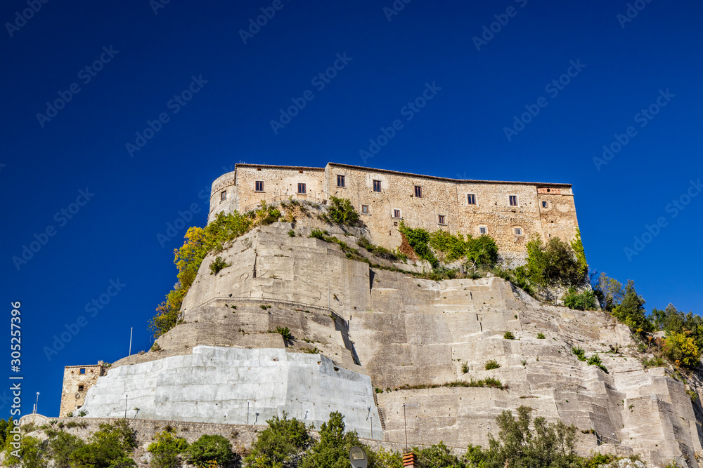 A view of the ancient village of Cerro al Volturno. The Pandone castle stands on top of the hill, on a rock spur. Isernia, Molise, Italy.