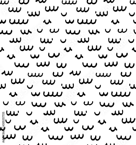 Seamless pattern with hand-drawn flakes. Doodle style. Black particles isolated on white backgorund. Repeatable. Use it for backdrop, wrapping paper, textile design