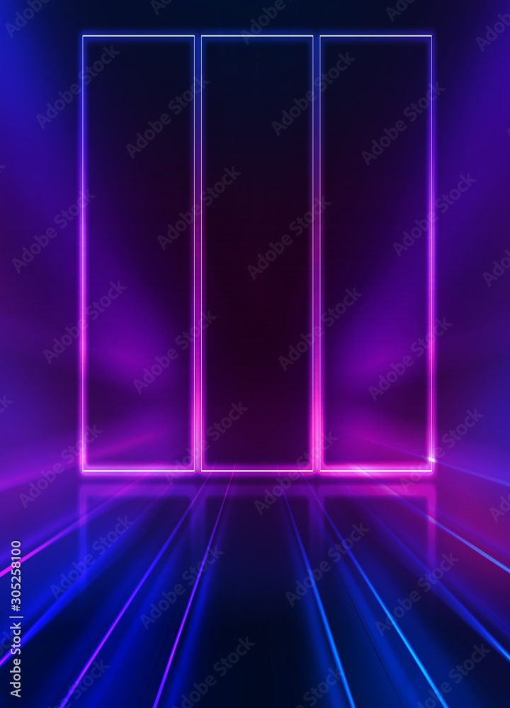 Empty dark abstract background. Background of an empty show scene. Glow of neon lights on an empty stage.