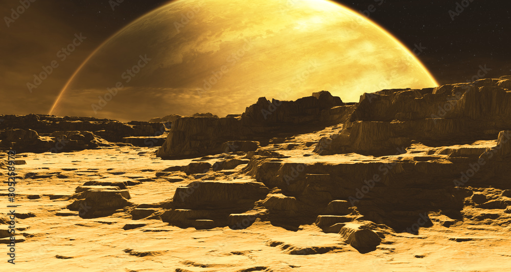 Extrasolar gas giant planet with extrasolar moon, exomoon in deep space ...