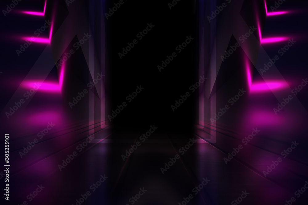 Empty dark abstract background. Background of an empty show scene. Glow of neon lights on an empty stage. Empty dark abstract background. Background of an empty show scene. Glow of neon lights on an empty stage.