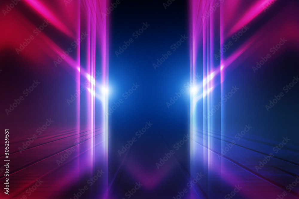 Empty dark abstract background. Background of an empty show scene. Glow of neon lights on an empty stage. Empty dark abstract background. Background of an empty show scene. Glow of neon lights on an empty stage.