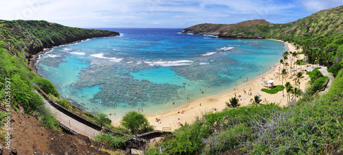 Fototapeta Naklejka Na Ścianę i Meble -  Snorkelling at the coral reef of Hanauma Bay, a former volcanic crater, now a national reserve near Honolulu, Oahu, Hawaii, United States.