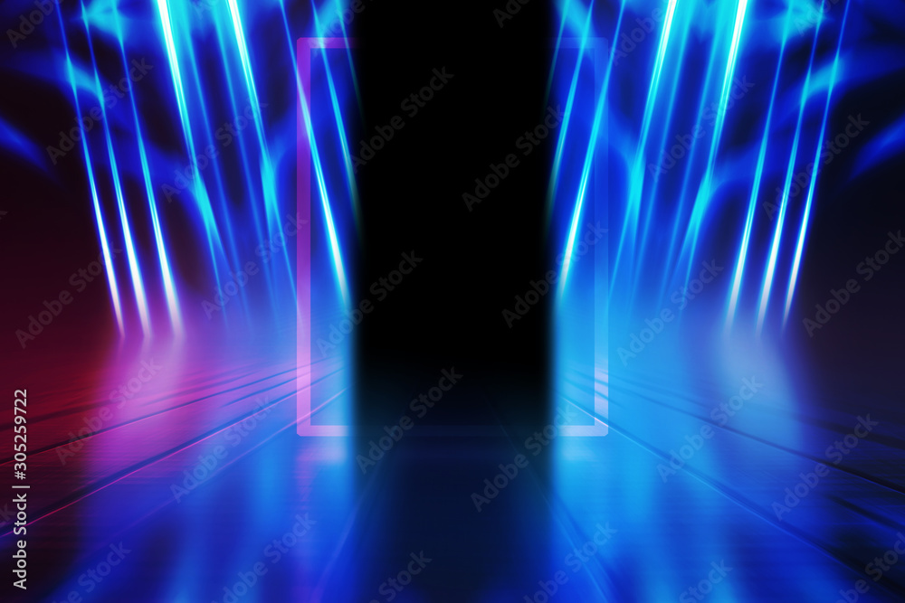 Empty dark abstract background. Background of an empty show scene. Glow of neon lights on an empty stage. Empty dark abstract background. Background of an empty show scene. Glow of neon lights on an empty stage.