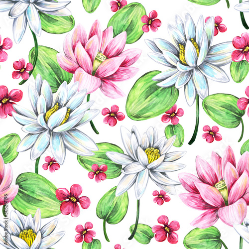 Seamless pattern with lotuses. Hand drawing watercolor. White background.