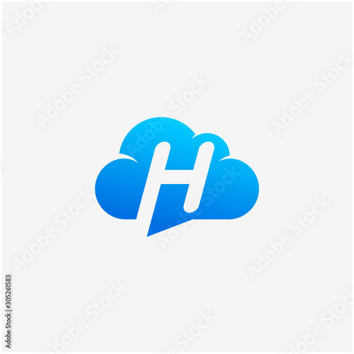 initial letter H negative space in Sky Cloud, Technology Hosting Domain BlockChain Server Logo Design - Vector