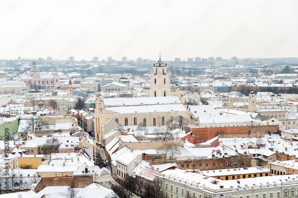 Vilnius, Lithuania - March 13, 2013. Winter snowy day in Vilnius, panoramic view of the city.