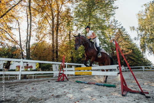 Young female jockey on horse leaping over hurdle, preparing for competition at beautiful autumn time.
