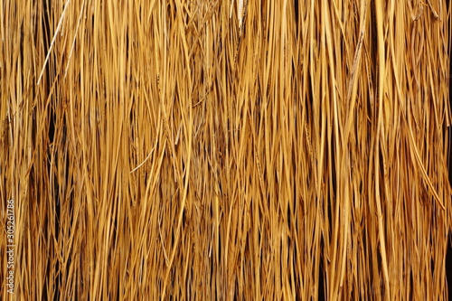 Background of dry leaves. The roof of the hut is photographed.