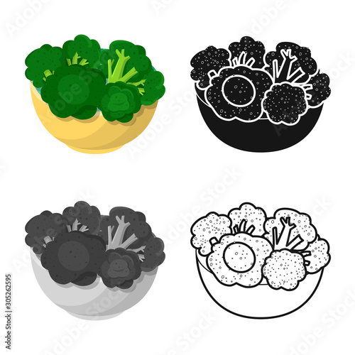 Vector illustration of bowl and broccoli symbol. Collection of bowl and green stock vector illustration.