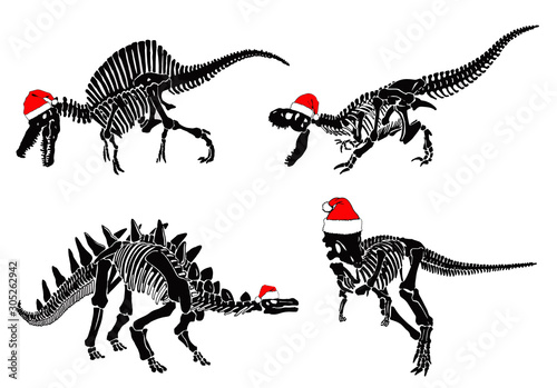 Graphical set of dinosaur skeletons in Santa Claus hat isolated on white background