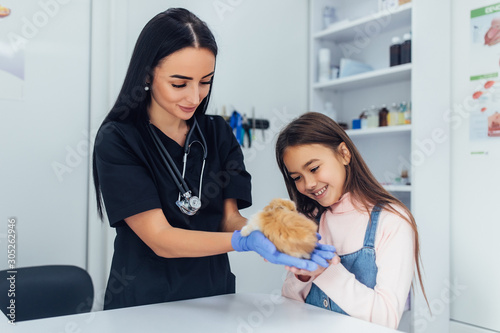 Doctor in black uniform, small daughter with their chinchilla pet at veterinary.