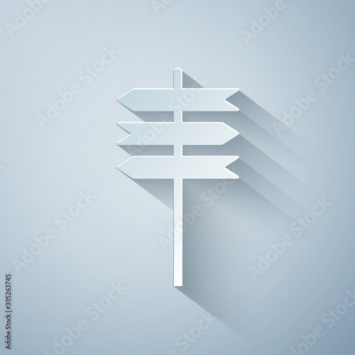 Paper cut Road traffic sign. Signpost icon isolated on grey background. Pointer symbol. Blank board with place for text. Street information sign. Direction sign. Paper art style. Vector Illustration