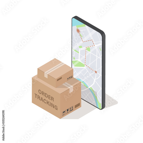 Order tracking concept. 3d box and mobile phone screen with map. Isolated isometric vector illustration.