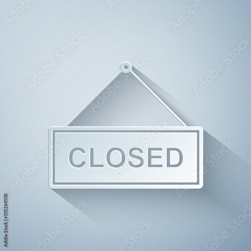 Paper cut Hanging sign with text Closed door icon isolated on grey background. Paper art style. Vector Illustration