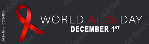 World Aids day website header or banner. Red awarness ribbon and lettering. Vector illustration.