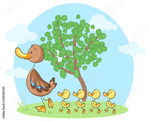 Niedliche Ente mit Küken - Vektor-Illustration