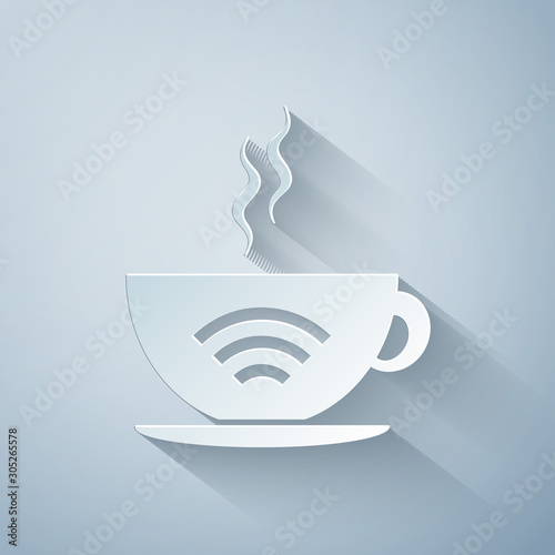 Paper cut Cup of coffee shop with free wifi zone icon isolated on grey background. Internet connection placard. Paper art style. Vector Illustration