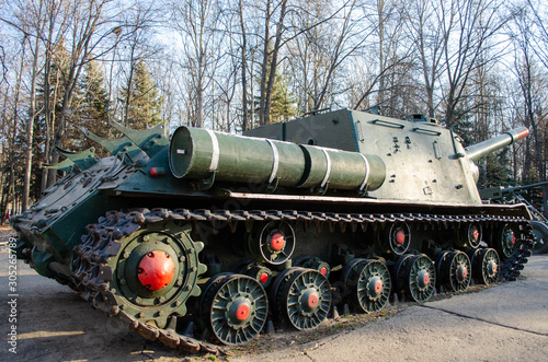 Ulyanovsk / Russia - 11 24 2019: ISU-152 self propelled gun. Second world war era. Soviet heavy anti-tank destroyer monument. 