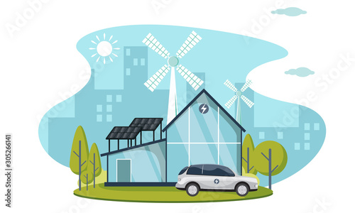 modern eco solar panel house with wind turbines vector illustration
