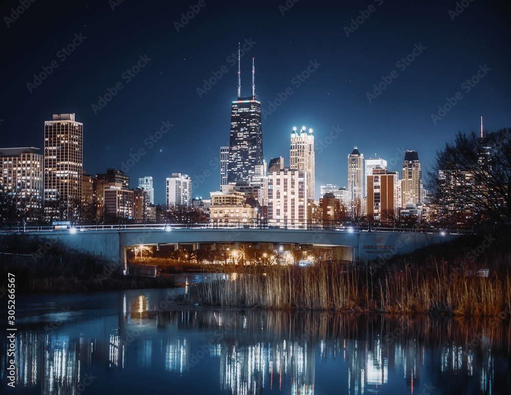 Obraz premium Panoramę Chicago nocą z Lincoln Park w Chicago, Illinois, USA.