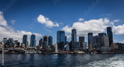 seattle skyline on a sunny day with a blue bright sky