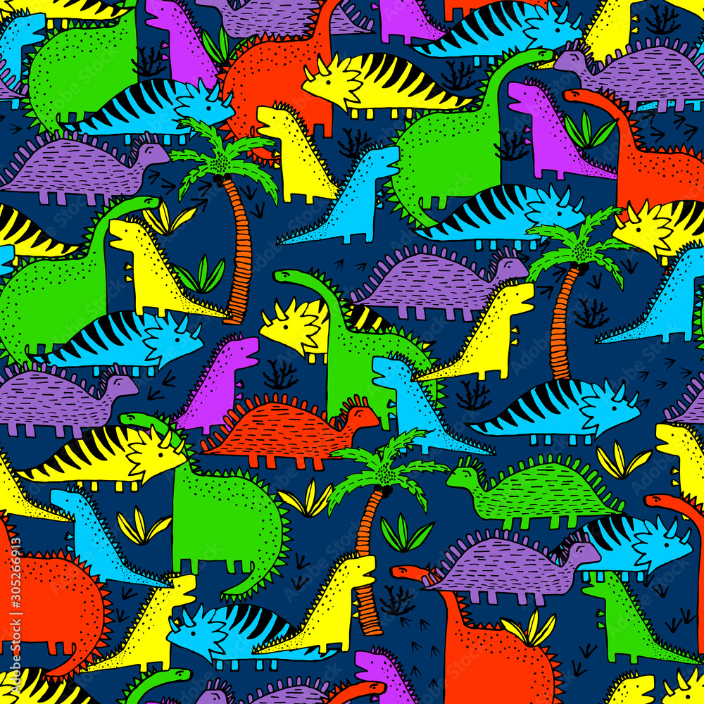 Dino seamless pattern with different bright dinosaur. Vector creative seamless pattern for background, textiles, wallpaper and wrapping paper design. Dino seamless pattern with different bright dinosaur. Vector creative seamless pattern for background, textiles, wallpaper and wrapping paper design.