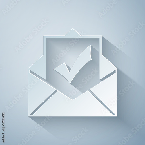 Paper cut Envelope with document and check mark icon on grey background. Successful e-mail delivery, email delivery confirmation, successful verification concepts. Paper art style. Vector Illustration