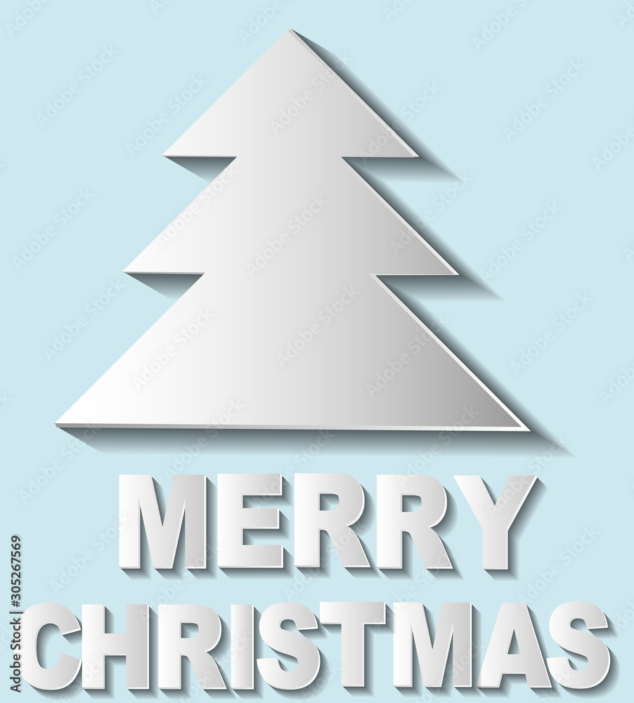 Christmas card with Christmas tree on paper style on bright background with white elements and words merry Christmas