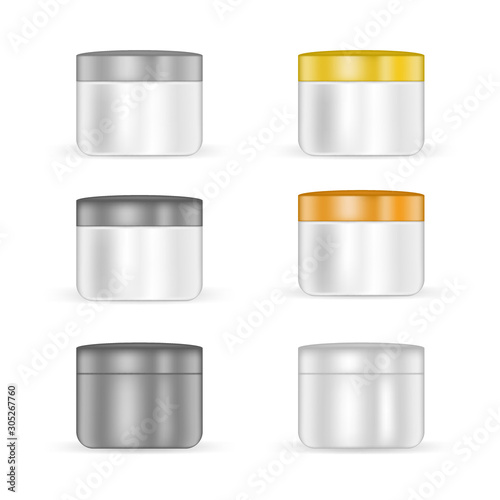 Realistic skin care product jars set isolated on white. Moisturizer or lotions for skin radiance packages. white and black containers for women's cosmetic market. Design templates with copy space..