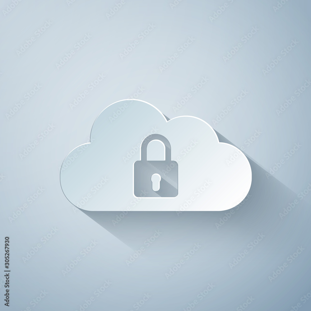 Paper cut Cloud computing lock icon isolated on grey background. Security, safety, protection concept. Paper art style. Vector Illustration Paper cut Cloud computing lock icon isolated on grey background. Security, safety, protection concept. Paper art style. Vector Illustration