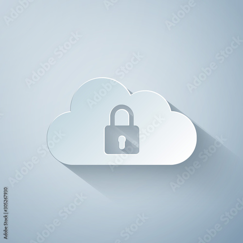 Paper cut Cloud computing lock icon isolated on grey background. Security, safety, protection concept. Paper art style. Vector Illustration