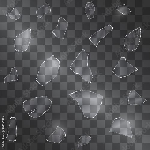 Broken glass vector shards with sharp edges on transparent background. Falling shining pieces of smashed fragile material for entertaining effect, symbol of accident, adrenaline, tense situation