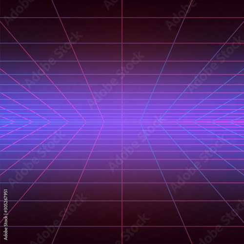Disco floor, vintage dance background with blue and purple neon illumination, futuristic style light effect perspective. Party poster with strobing laser grid. Three dimensional banner. Sci fi mesh.
