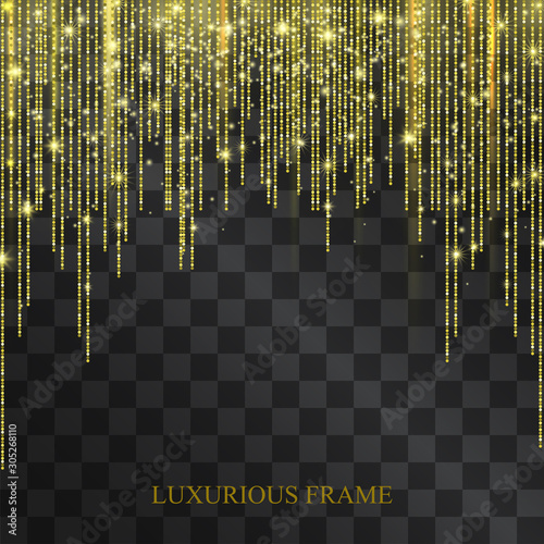 Luxurious neon golden glittering tinsel frame with shining confetti. Glowing lacy decorative garland for sumptuous design, expensive festive concept. Curtains arch for invitation posters, party flyer.