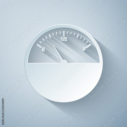 Paper cut Fuel gauge icon isolated on grey background. Full tank. Paper art style. Vector Illustration