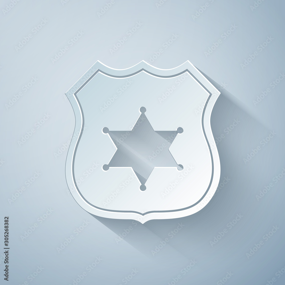 Paper cut Police badge icon isolated on grey background. Sheriff badge sign. Paper art style. Vector Illustration Paper cut Police badge icon isolated on grey background. Sheriff badge sign. Paper art style. Vector Illustration