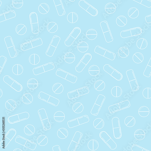 Medicine pills seamless pattern - white line art vector different circle pills and capsules on blue background.